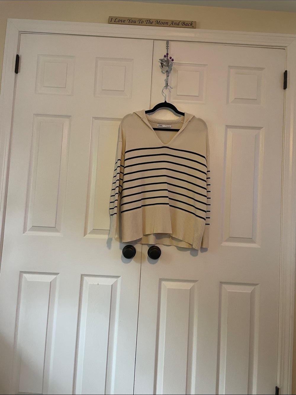 Zara Cream V-Neck Hoodie Sweater with Black Stripes